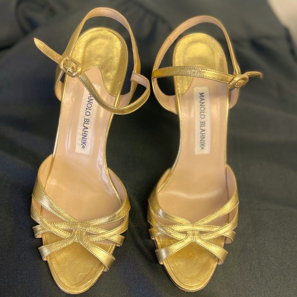 1980s Manolo Blahnik London Shoes Rare Vintage Gold Metallic Strappy Heels